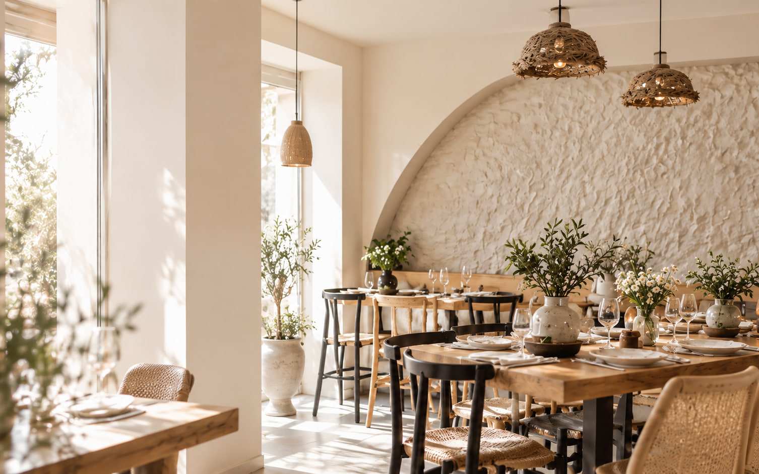 Sala luminoasă a restaurantului HRANA, cu arcadă albă, mese din lemn și măslini în ghivece